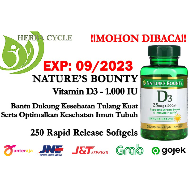 Natures Bounty D3 1000IU 250 Gels Kesehatan Tulang &amp; Imun Tubuh ORI USA