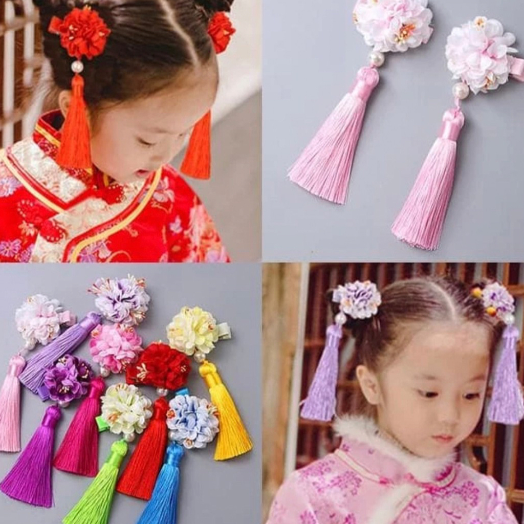 jepit rambut psgn set isi 2 china chinese bunga rumbai meimei mey pompom jurai imlek CNY