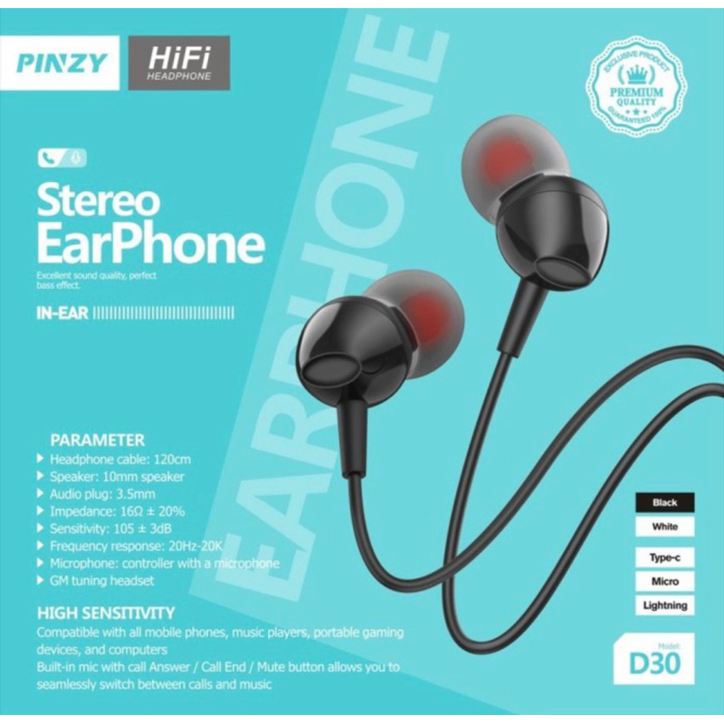 PINZY Stereo Earphone With Mic D30 - Headset with Mic D30-