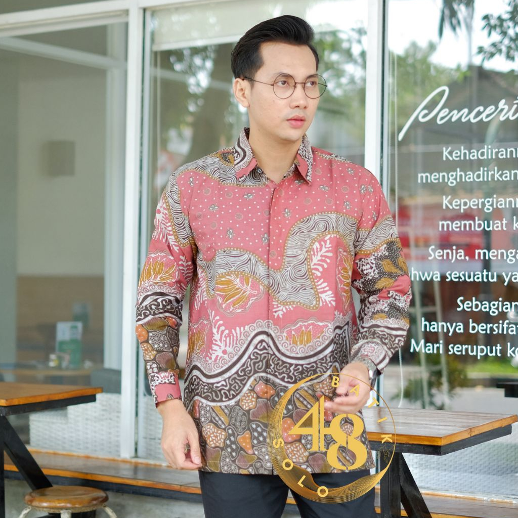 Baju Batik Pria Lengan Panjang Slim Fit Reguler Fit Warna Pink