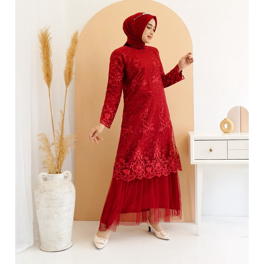 Arini Gamis Warna Merah Maroon Bahan Moscrepe Brukat Brokat Full Tile Tulle Bordir Glitter Mutiara M