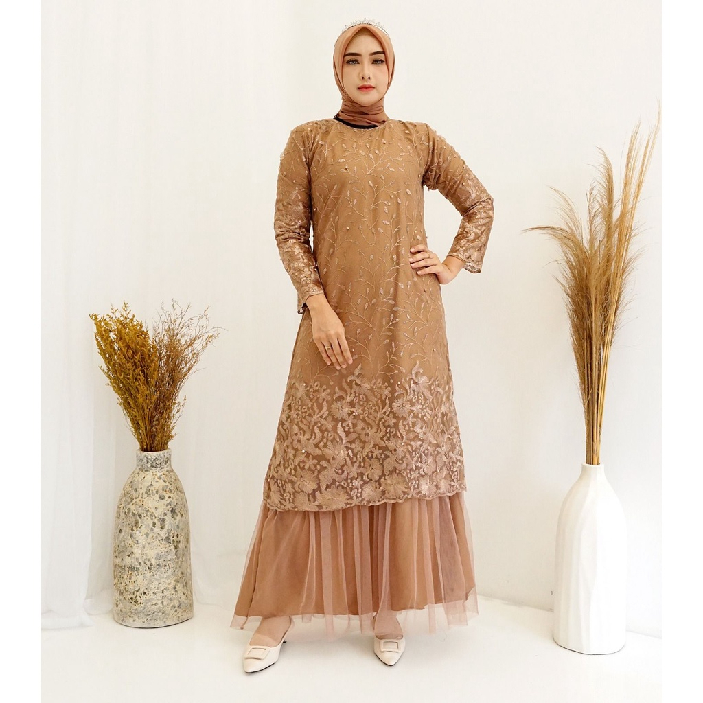 Arini Gamis Warna Coklat Tua Mocca Moka Bahan Moscrepe Brukat Brokat Full Tile Tulle Bordir Glitter 
