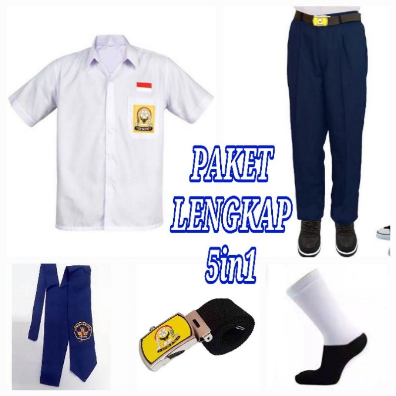 Set Lengkap Seragam Biru Putih SMP Laki Baju Pendek Celana Panjang