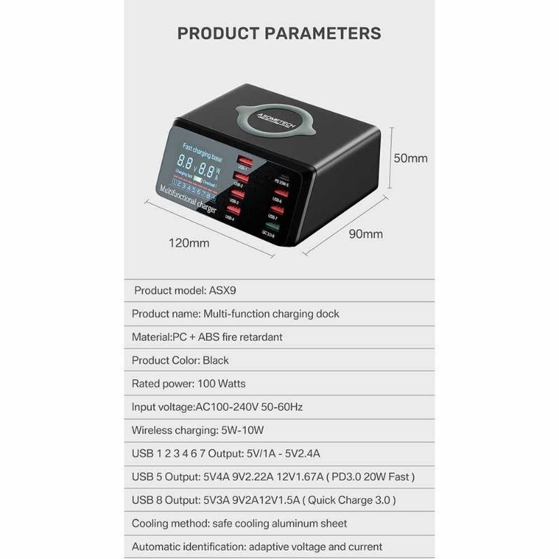 ASOMETECH Charging Station USB Dock Quick Wireless Charge 8 Port 100W - WLX-X9