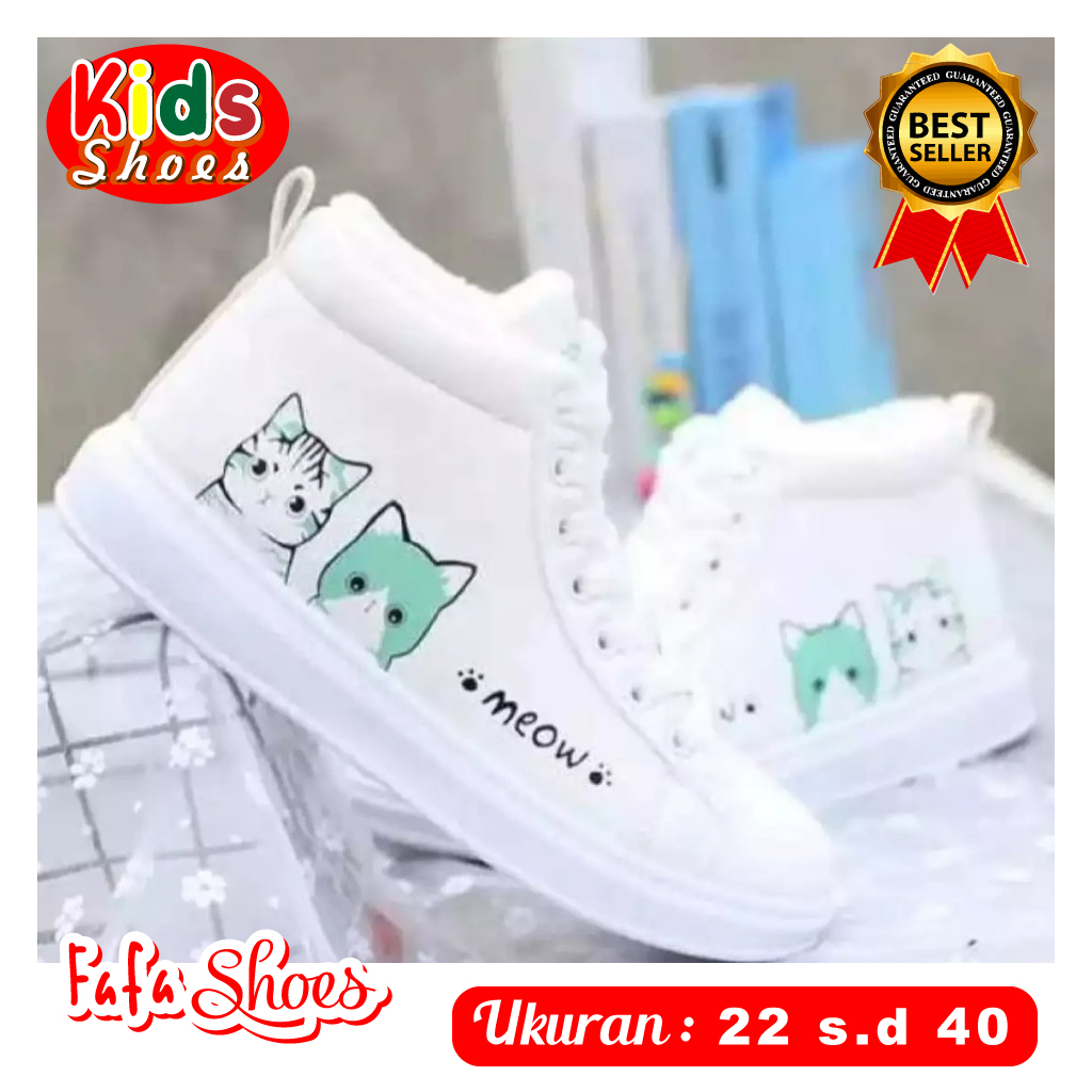 fafa Sepatu Anak Boot Motif Meow Putih Hijau Murah Trendi