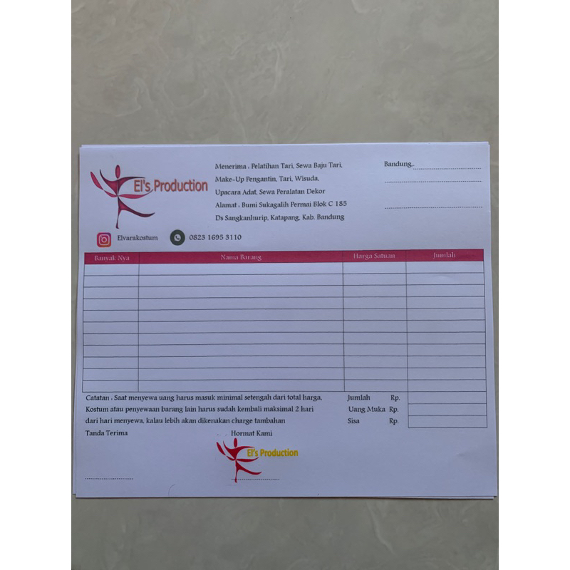 

nota atau bon kosong sewa kostum dan cap untuk spj lomba