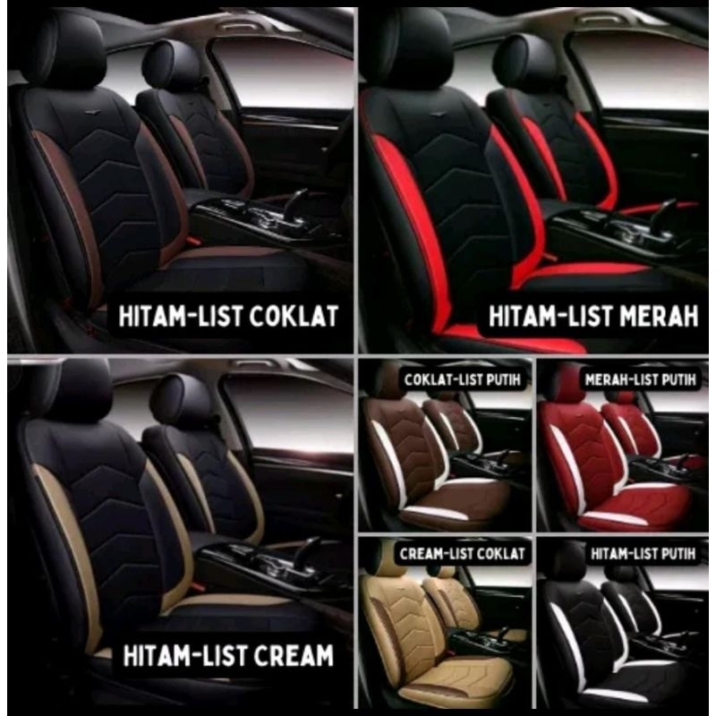 Sarung Jok mobil Avanza Calya Sigra Xenia Kulit Sintetis Full set 3 Baris Hitam List merah