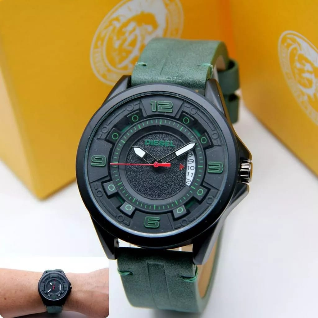 Jam Tangan Pria Diesel-6457 Tali Kulit Body Bulat Besar Tanggal Aktif Box Exclusive