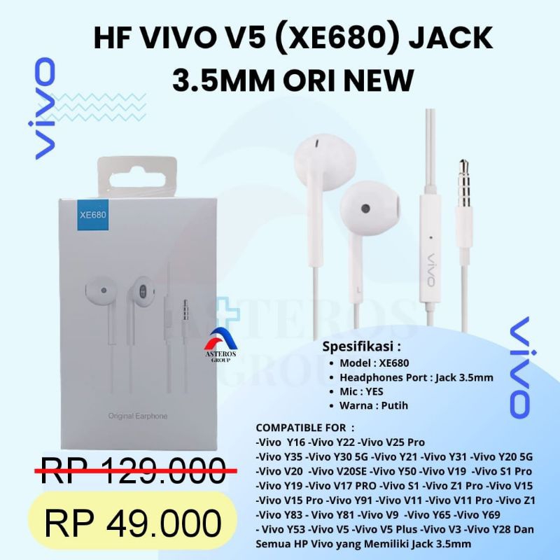 Headset VIVO XE-680 Original Hifi Handsfree Earphone Vivo With Mic XE680