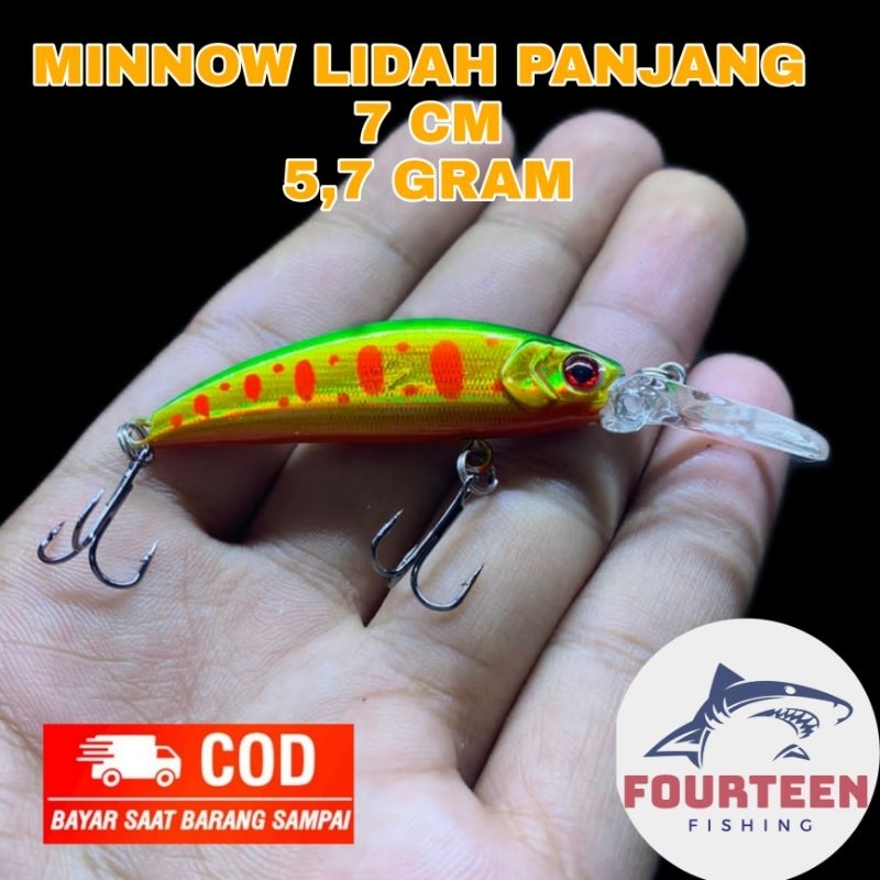 minnow lidah panjang warna kuning bintik merah 7cm 5,7g cocok untuk casting hampala atau ikan baung