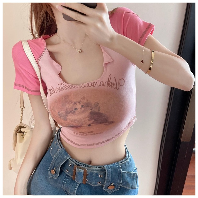 TJM BJ381 Crop Top Korean Cuties Cat T-shirt Baju Kaos Pendek Motif Kucing