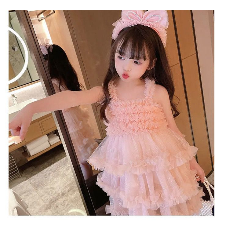 Dress Anak Perempuan Korean Style Tanpa Lengan Triple Layer Rumbai Pink