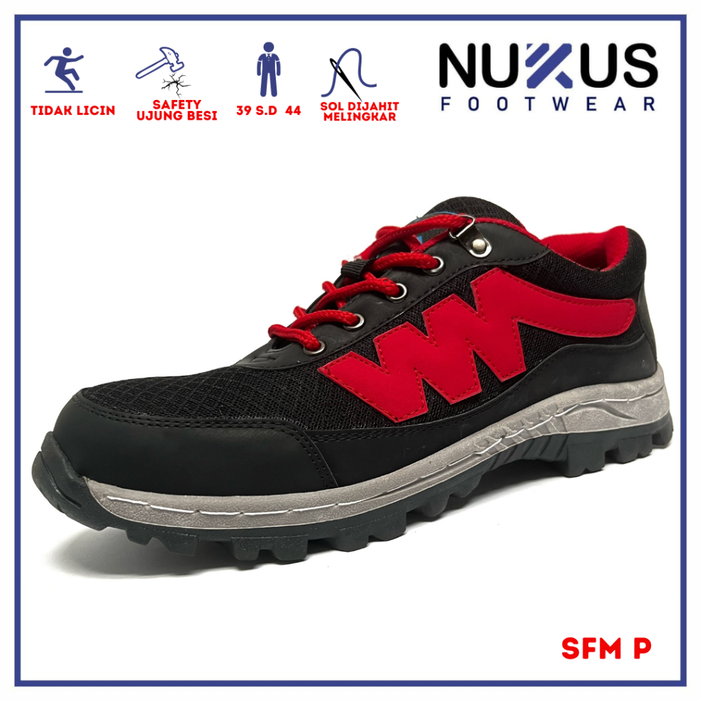 Nukus Sepatu Safety Casual Ujung Besi Tali Pendek - SFM P Hitam Merah