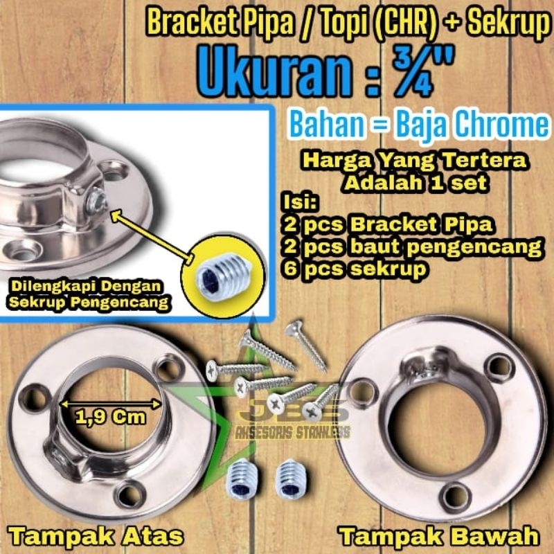 BRACKET PIPA/TOPI (CHROME) 3/4&quot; INCHI + SEKRUP (HARGA 1 SET = 2 PCS)