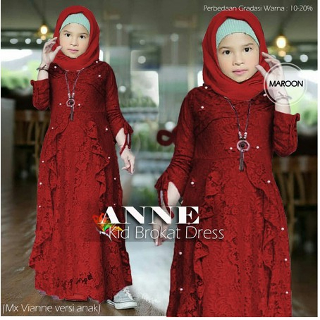 Anne Gamis Anak Usia 5-7 Tahun Warna Merah Tua Maroon Brukat Corneli Glitter Blink-blink Furing Lapi