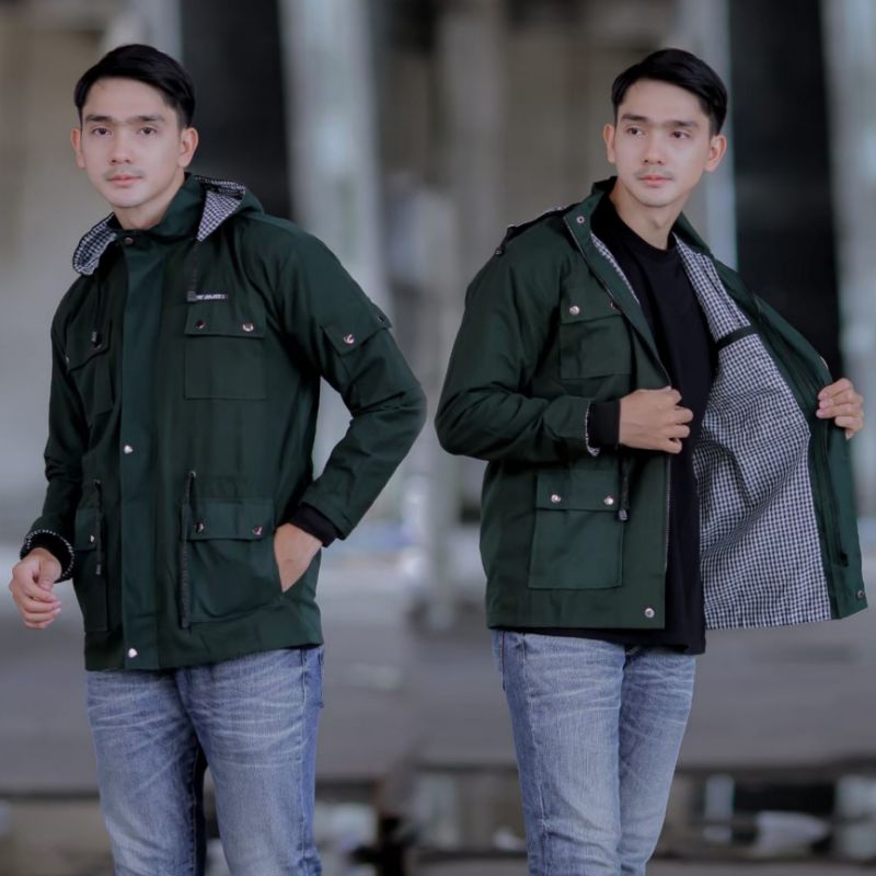 Jacket Semi Parka Pria Wanita Canvas Polos Hijau Botol Original Premium Jaket Trucker Original Distro Termurah Kekinian Korean Style
