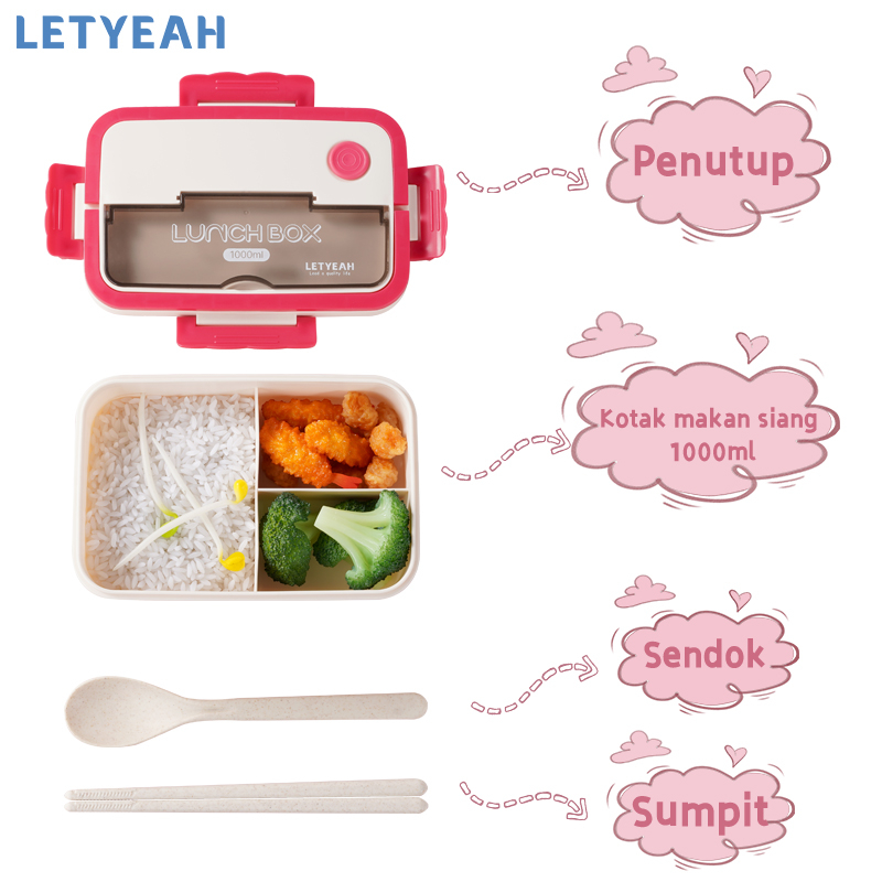 letyeah 1000ml Lunch box tempat bekal makan /kotak makan anti tumpah/Free sendok garpu