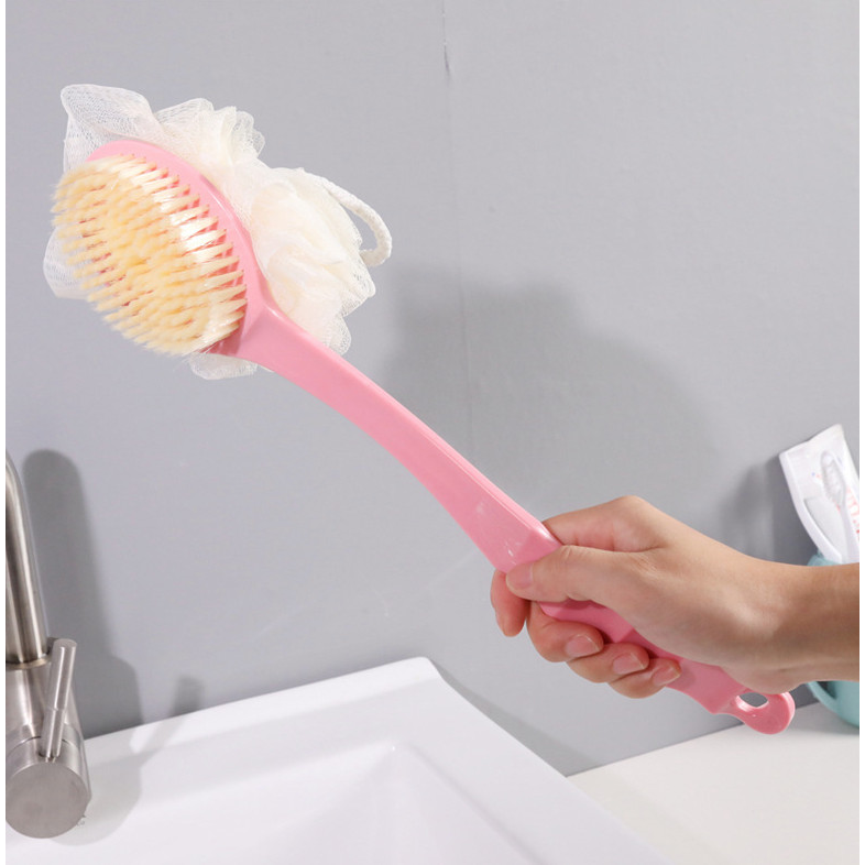 Tongkat Sikat Badan Punggung Mandi Spons Puff 2 in 1 Body Bath Brush