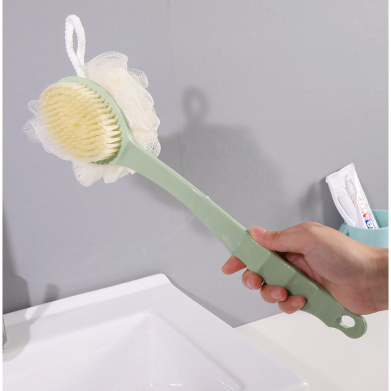 Tongkat Sikat Badan Punggung Mandi Spons Puff 2 in 1 Body Bath Brush