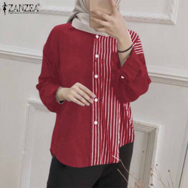 ZANZEA Women Casual Long Sleeved Turn-Down-Collar Striped Patchwork Muslim Blouse