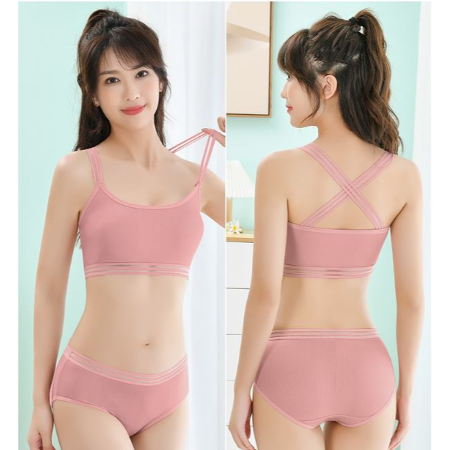 BV.ID BR550 BH Set CD Wanita Bahan Soft Salur Model Tali Silang Belakang Pakaian Dalam Wanita Import