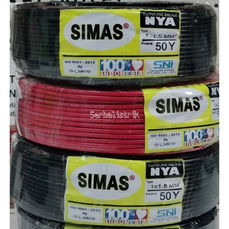 Kabel tunggal NYA 1x1.5 50m TEMBAGA MURNI SNI SIMAS/Kabel Listrik NYA 1x1.5 50m SIMAS