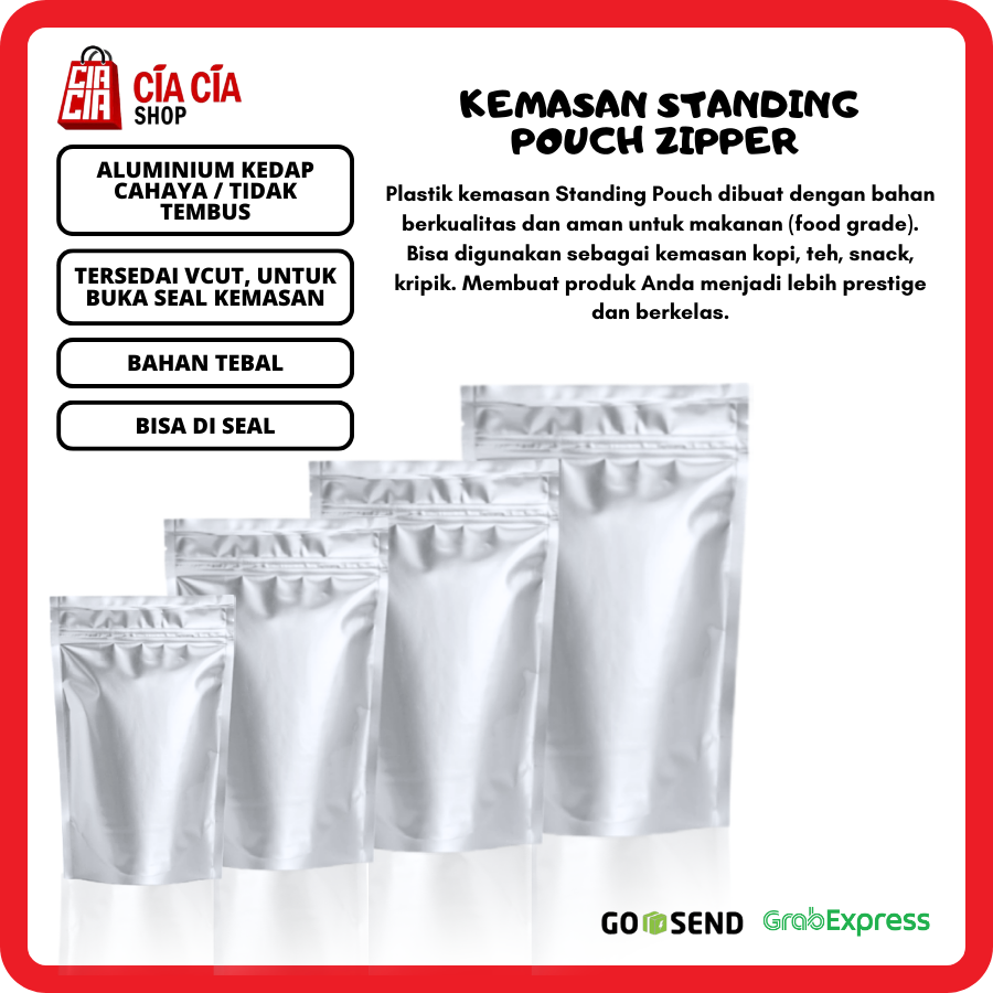 Kemasan Standing Pouch Zipper Alu Silver Food Grade Kedap Cahaya 13x20