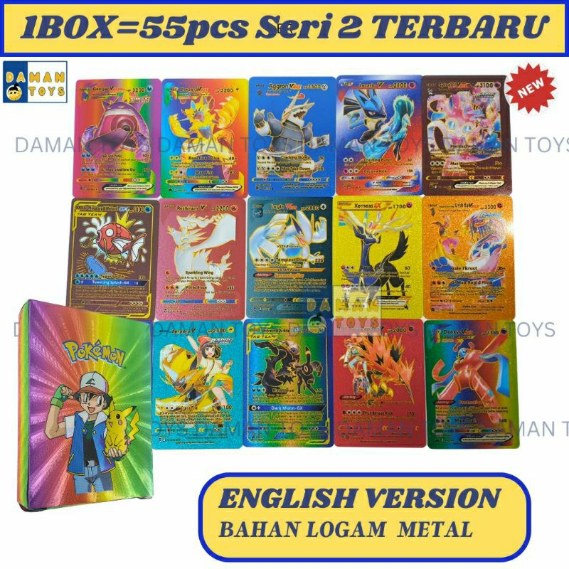 Kartu Pokemon 1 box 55pcs Charizard Pikachu cards Bahan Metal Emas Silver Bahasa English