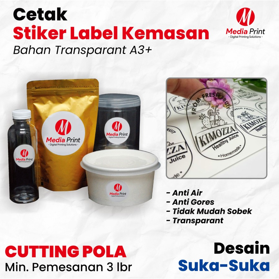 

Stiker Transparant A3+ Anti Air Label Kemasan Produk