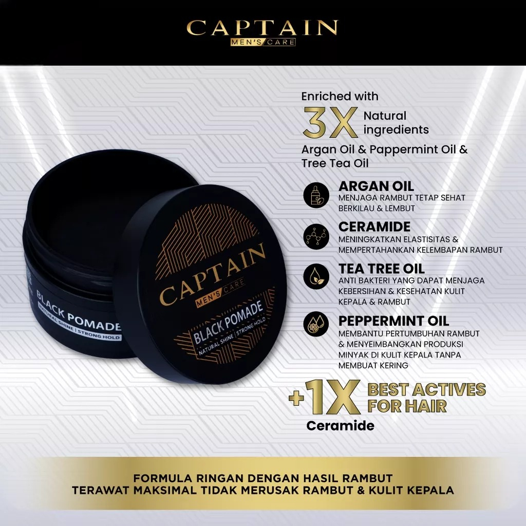 CAPTAIN Black Pomade Anti Hair Loss - Minyak Wax Styling Penghitam Penumbuh Pengkilap Rambut Pomade