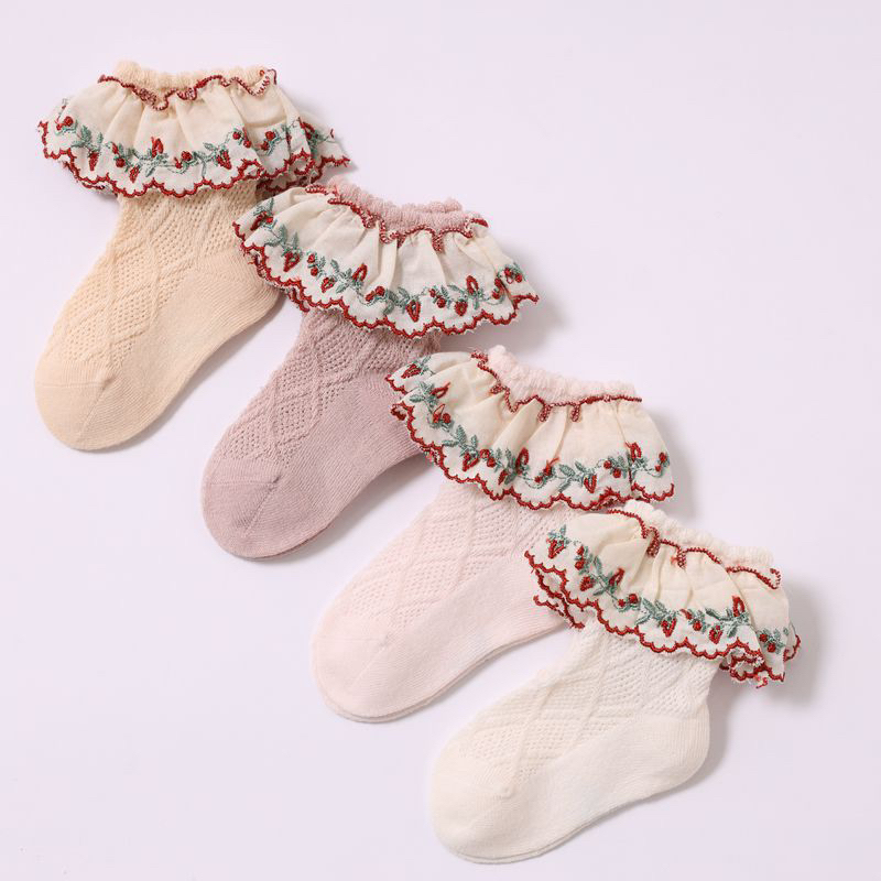 Kaos Kaki Import Anak Perempuan Model Lace Tipis Red/Green Leaves