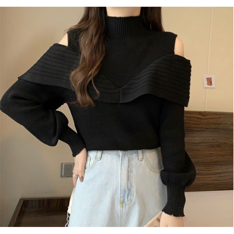 Atasan Turtleneck Rajut Offshoulder | A720 | Sabrina Knit Top Lengan Panjang Korean Style