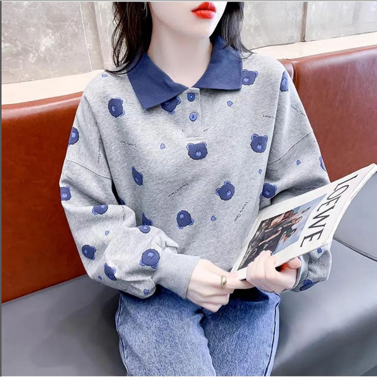 LOVELY BEAR Sweater Collar Wanita Oversize | Sweatshirt Full Print Sweater Kerah Kancing | Sweater Kerah Lucu Wanita Korean Style