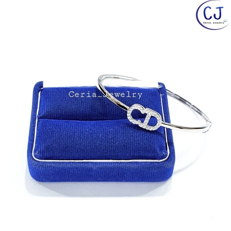 Gelang Tangan Wanita Perak Asli Silver 925 Lapis Emas Putih Model Bangle Oval Variasi Permata Kilau Permata - Perhiasan Perak Asli