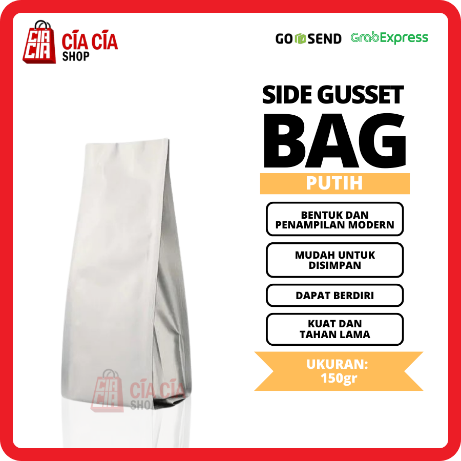 Kemasan Gusset Kopi 150 gr Alu Bag Quad Seal Doff Non Valve Putih