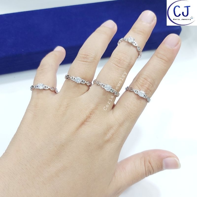 Cincin Perak Asli Silver Wanita 925 Lapis Emas Putih Model Soliter Variasi Polos Samping - Perhiasan Perak Asli