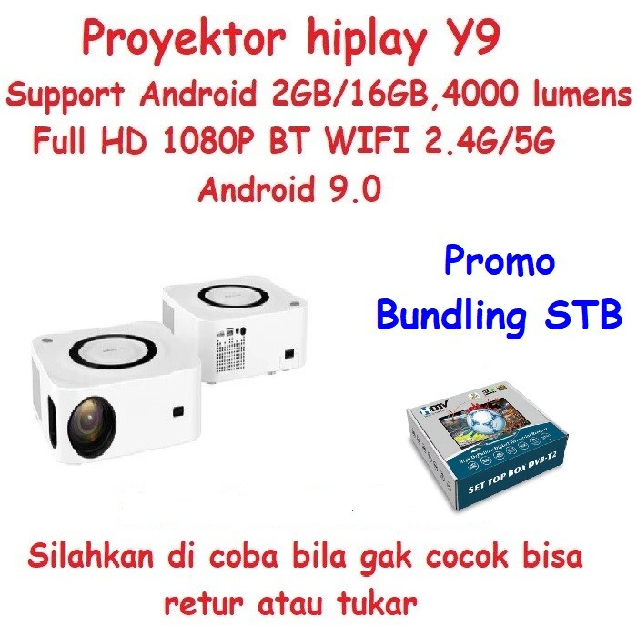 Proyektor hiplay Y9 350 ANSI Lumens Android 9.0 WIFI Bluetooth Miracast Airplay