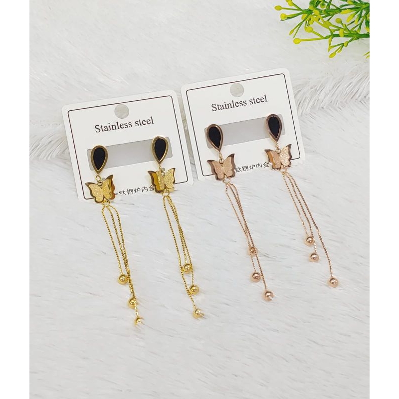 Anting tusuk panjang Kupu Fashion titanium anti karat anti luntur