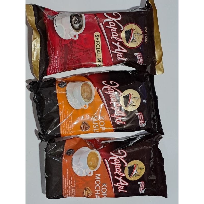 

KAPAL API spesial 1 pak isi 10 sachet. KAPAL API SPESial mix 10x24gr, kopi susu 10x31gr, kopi mocha 10x30gr, gula aren 10x23gr