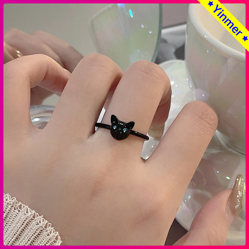 COD✨Cincin Jari Telunjuk Desain Kartun Lucu Korea Fashion Kucing Hitam Untuk Wanita Impor-Yinmer