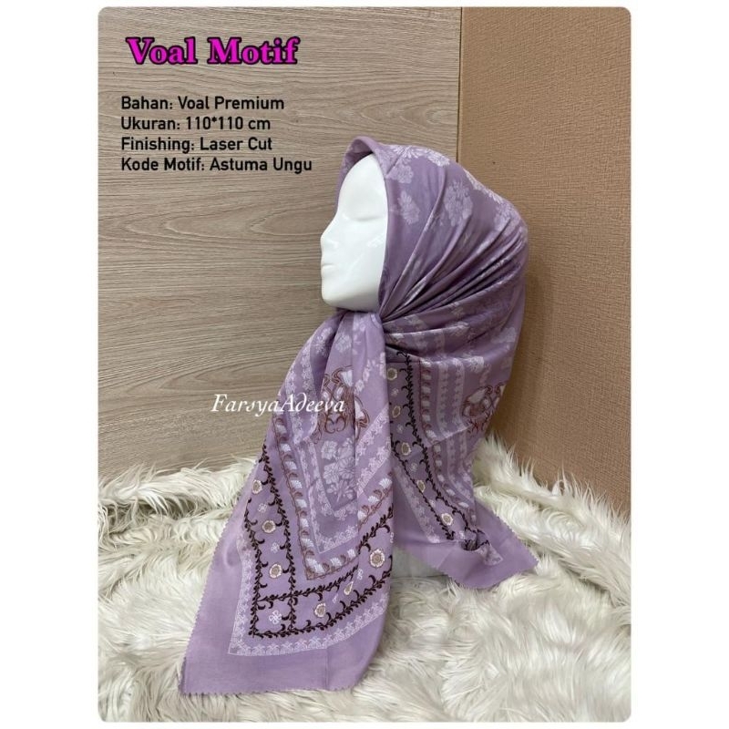 hijab segiempat motif astun warna lilac kerudung voal premium