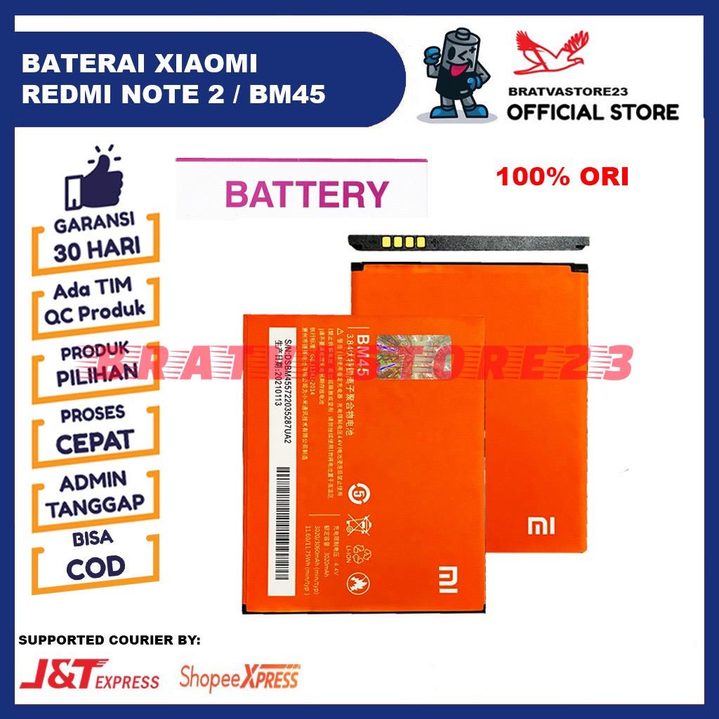 [100% Ori] Baterai Xiaomi Redmi Note 2 / BM45 Batre Batrai Battery Hp Original BM 45