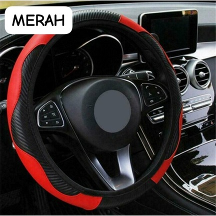 Sarung Stir Cover Setir Mobil Sporty Carbon Kulit Sintetis ANTI SLIP Setir car steering wheel Karbon SLIM Elastis Universal