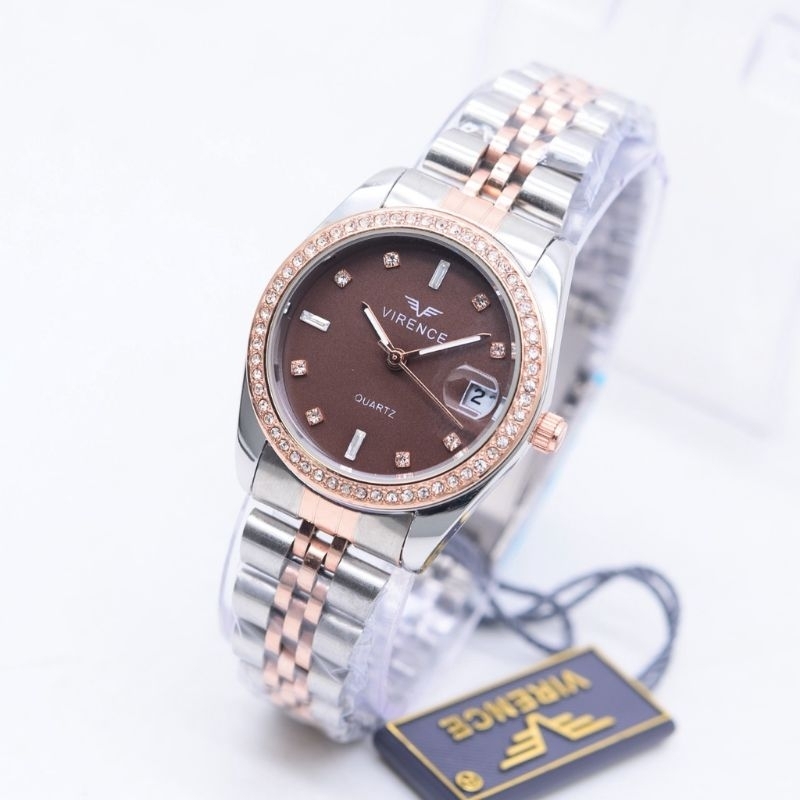 JAM TANGAN WANITA VIRENCE MODEL ROLEX PERMATA TANGGAL AKTIF ORIGINAL ANTI AIR FULL STAINLESS STEEL