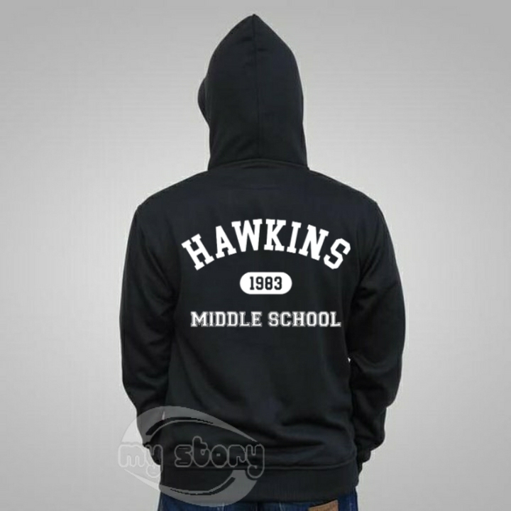 Sweater Hoodie TULISAN BELAKANG HAWKINS Pria Dan Wanita Distro FouRD 4D Warna HITAM Tebal Size M L X