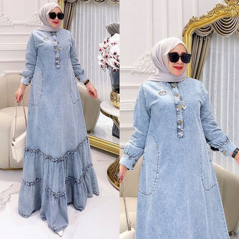 Best Seller-Adriana Dress Jeans Gamis Wanita Dewasa Terbaru 2023 Elegan Gamis Remaja Kekinian Viral 