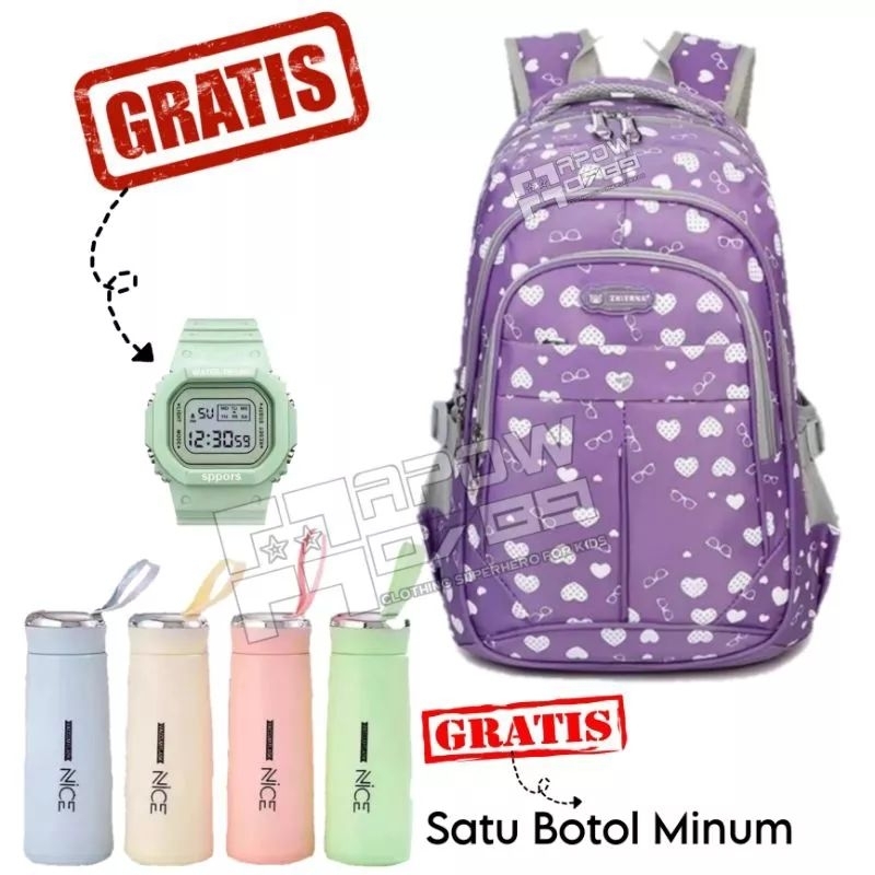 PDF 3in1 Tas Ransel Anak Perempuan Love Gratis Jam Tangan Dan Botol Minum Tas Punggung Anak SD Dan SMP