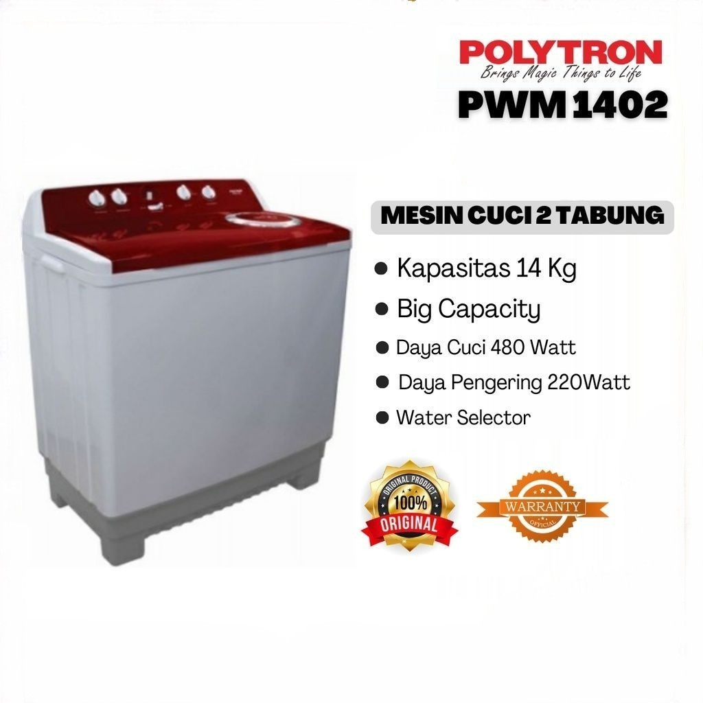 Mesin Cuci Polytron 2 Tabung 14 Kg Twin Tub PWM 1402 X/R