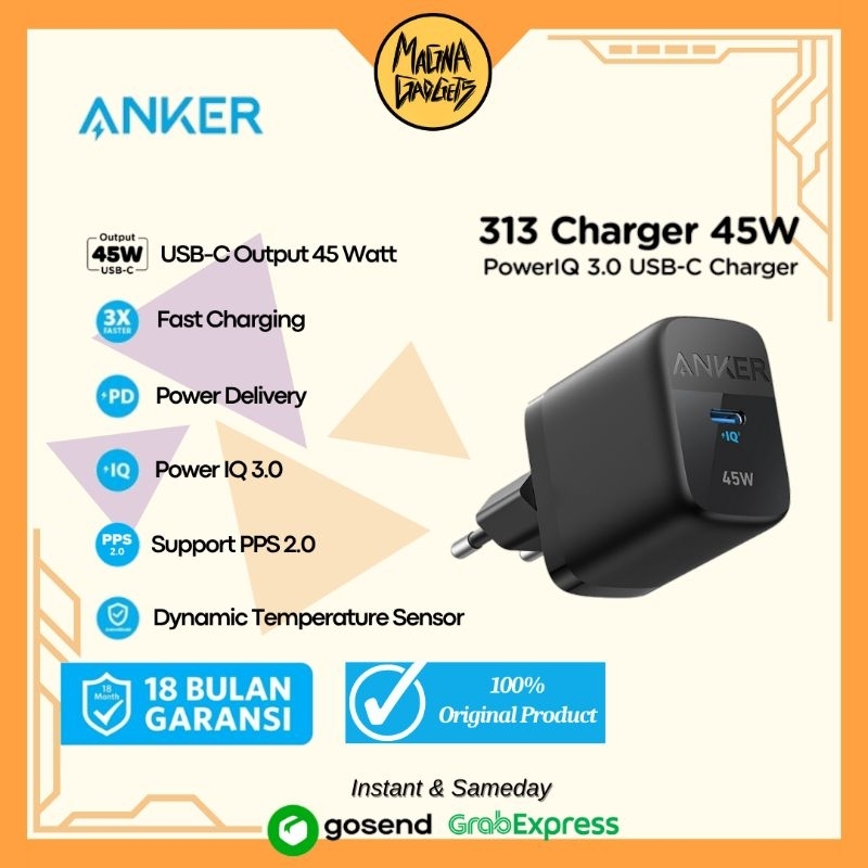 Anker 313 Charger 45W Wall Charger Anker 313 USB-C Fast Charging Support PPS - A2643