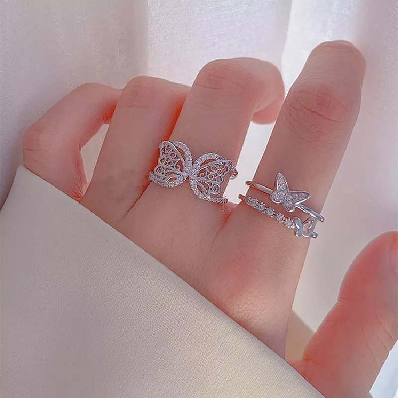 Import Set 5pc Perhiasan Cincin Kristal Mutiara Emas Perak Bentuk Hati Model Hollow Fashion Korea